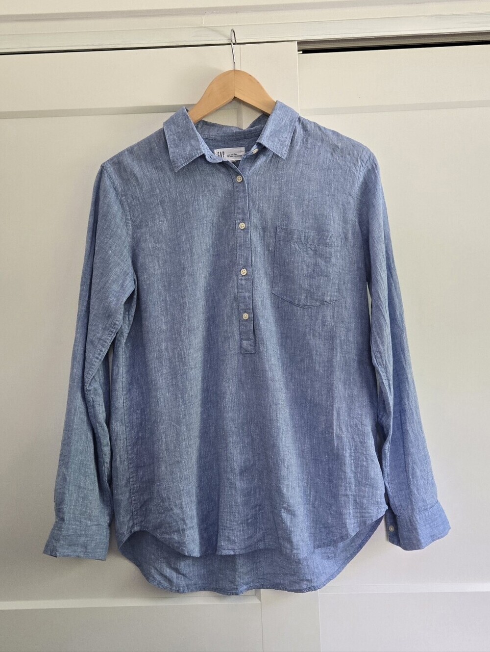 Gap Womens Linen / Cotton Small Blue Pop Over Long Sleeve Top
